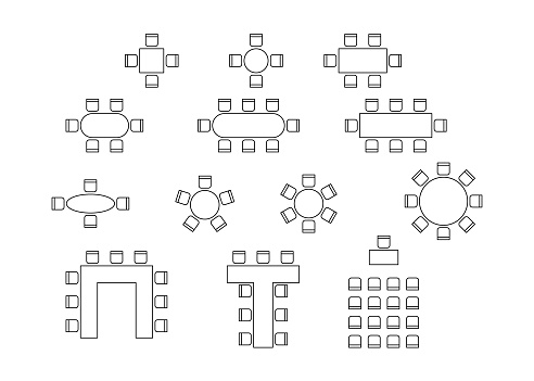istock Set of plan for arranging seats in interior, layout graphic outline elements. Chairs and tables icons in scheme architectural plan. Office and home furniture, top view. Vector line illustration 1382267642