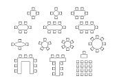 istock Set of plan for arranging seats in interior, layout graphic outline elements. Chairs and tables icons in scheme architectural plan. Office and home furniture, top view. Vector line illustration 1382267642