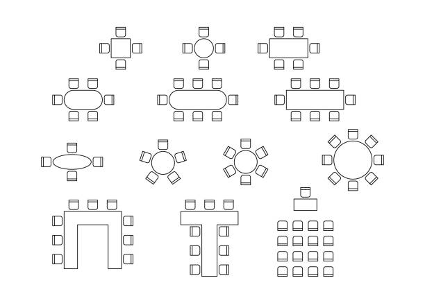 Set of plan for arranging seats in interior, layout graphic outline elements. Chairs and tables icons in scheme architectural plan. Office and home furniture, top view. Vector line illustration Set of plan for arranging seats in interior, layout graphic outline elements. Chairs and tables icons in scheme architectural plan. Office and home furniture, top view. Vector illustration floor plan stock illustrations