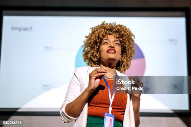 Casually Clothed Hipster Woman Holding A Speech On A Conference Stock Photo - Download Image Now