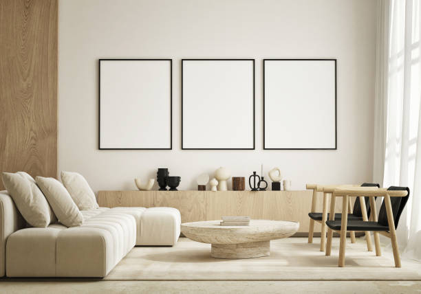 maqueta del marco del póster en fondo interior moderno, sala de estar, estilo escandinavo, renderizado 3d, ilustración 3d - 1614 fotografías e imágenes de stock