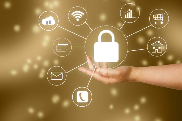 istock Hand showing icon network connection data of security with golden background and copy space. 1382272009