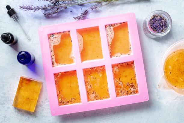 istock Organic handmade soap, the process of making, overhead flat lay shot 1382272164