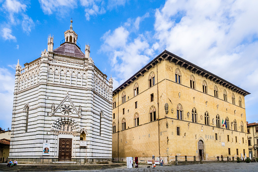 Lucca, Italy, June 8, 2019:Detail exterior view of Lucca Cathedral (Duomo di Lucca, Cattedrale di San Martino) is a Roman Catholic cathedral dedicated to Saint Martin in Lucca, Italy. It is the seat of the Archbishop of Lucca.