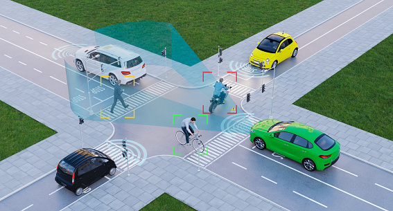 Coches eléctricos autónomos con inteligencia artificial autoconducción en carretera de metrópolis, renderizado 3D photo