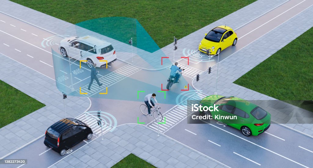 Autonomous electric cars with artificial intelligence self driving on metropolis road, 3d rendering Autonomous Technology Stock Photo