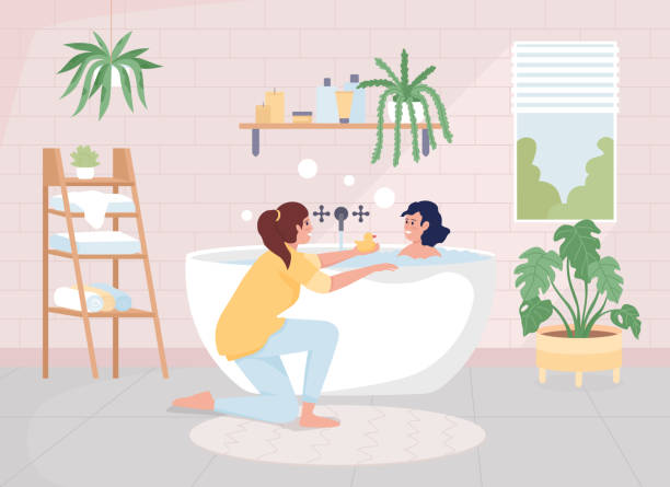 Mother bathing her daughter flat color vector illustration Mother bathing her daughter flat color vector illustration. Scandinavian style arrangement. Hygge mood. Happy family members 2D simple cartoon characters with bathroom on background utility room stock illustrations