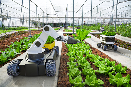 Agricultura robótica y coche autónomo trabajando en granja inteligente, tecnología 5G del futuro con concepto de agricultura inteligente photo