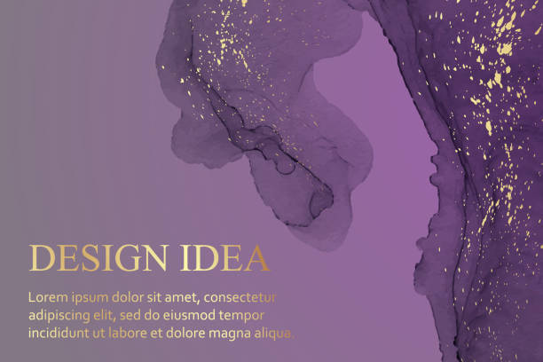 istock Watercolor background with abstract purple ink waves and golden splashes. 1382273585