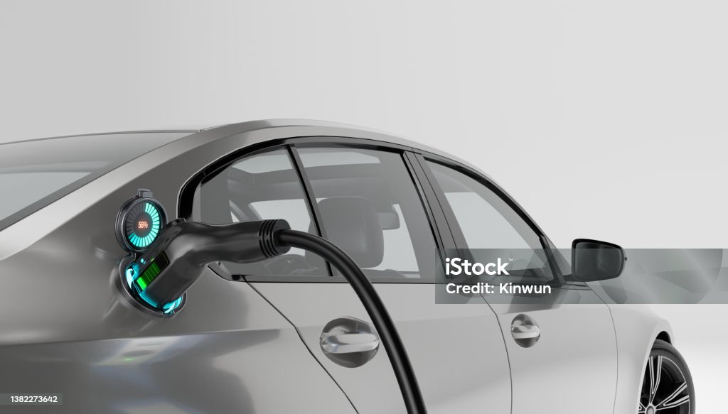 Electric vehicle charging with graphical user interface, Future technology EV car concept Electric Car Stock Photo
