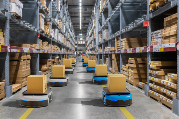 istock Autonomous robot delivery in warehouses with 5g wireless connection, Smart industry 4.0 concept 1382273898