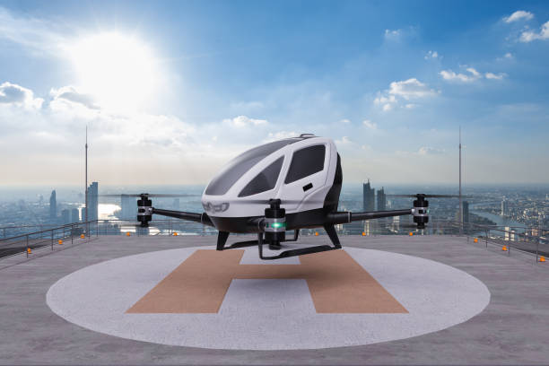 istock Autonomous driverless aerial vehicle takeoff on building rooftop, 3d render 1382274583