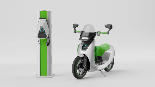 An electric motorbike with charging station, 3d render stock photo