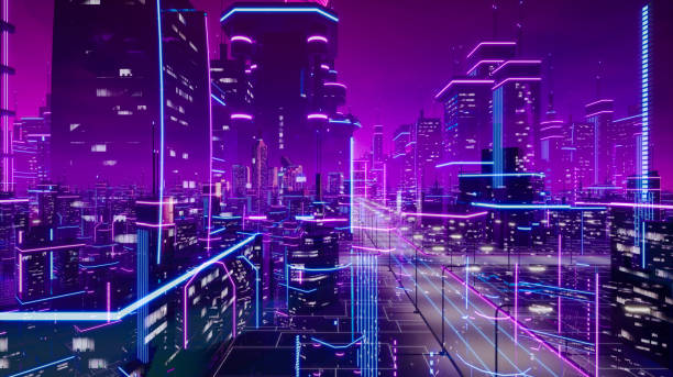 Metaverse city and cyberpunk concept, 3d render stock photo