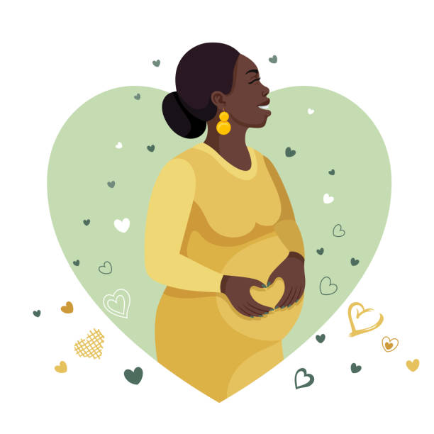 ilustraciones, imágenes clip art, dibujos animados e iconos de stock de feliz mujer africana embarazada sosteniendo su vientre. - relaxation exercise child mother human pregnancy