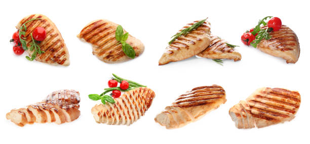 istock Set of grilled chicken breasts on white background. Banner design 1382276272