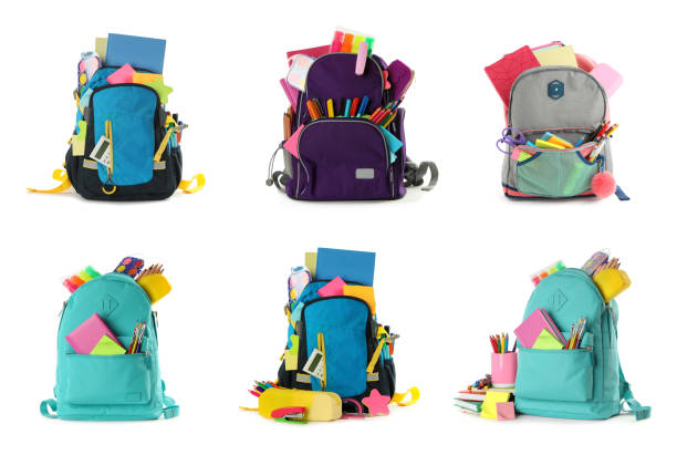 set of backpacks with bright school stationery on white background - school supplies fotos imagens e fotografias de stock