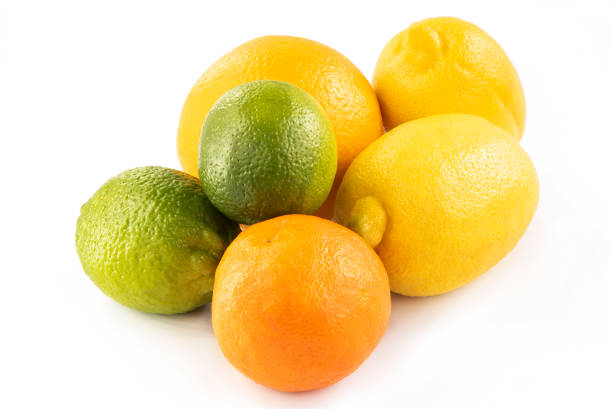 istock fruits kind of citrus isolated on white background. Lime, lemon, orange. 1382277548