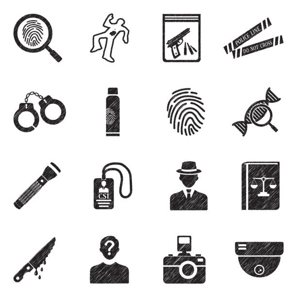 Crime Investigation Icons. Black Scribble Design. Vector Illustration. Law, Police, Crime crime scene investigation stock illustrations