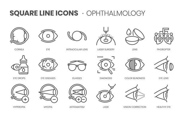 Ophthalmology related, pixel perfect, editable stroke, up scalable square line vector icon set. Ophthalmology related, pixel perfect, editable stroke, up scalable square line vector icon set. cornea stock illustrations