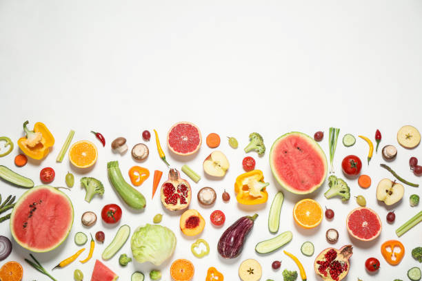 istock Fresh organic fruits and vegetables on white background, flat lay. Space for text 1382278306