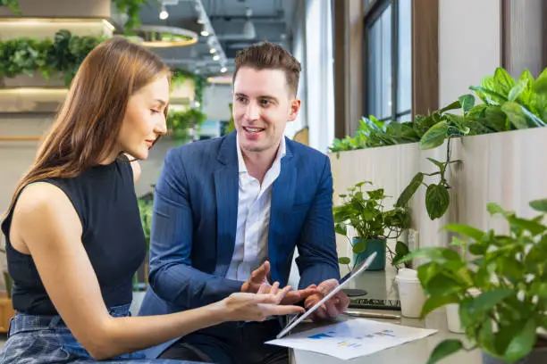 Caucasian business people is working on new strategic planning for next year using laptop while working inside green building eco friendly modern working space surrounded by air purifying house plant