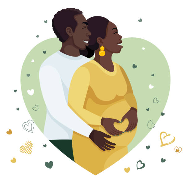 ilustrações de stock, clip art, desenhos animados e ícones de happy african american expecting couple. woman holding her belly. - africana gravida