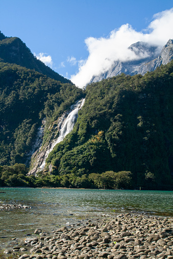 Bowen Falls cascadas permanentes más altas de Nueva Zelanda Milford Sound, Parque Nacional Fiordland, Isla Sur