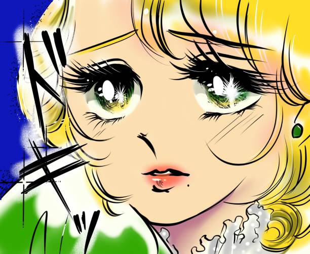 Illustration of 70's shoujo manga first love heart throbbing beautiful blonde hair girl Illustration of 70's shoujo manga first love heart throbbing beautiful blonde hair girl teenager couple child blond hair stock illustrations