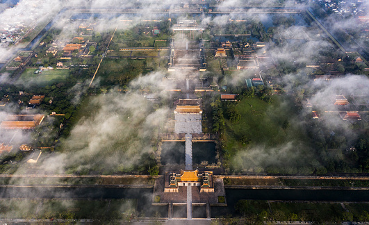 Hue ancient capital seen from above through the clouds is very beautiful