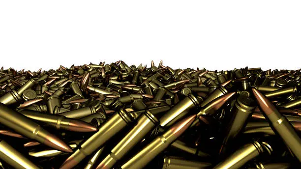 3D render of hundreds of rifle bullets isolated on white background