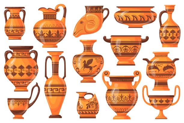 illustrations, cliparts, dessins animés et icônes de pots grecs de dessin animé. vases en céramique de poterie ancienne, vieux pot antique jug pots vase, collection isolée de faïence artisanale de grèce, bol à huile d’ornement en argile, illustration vectorielle soignée - jug pitcher pottery old