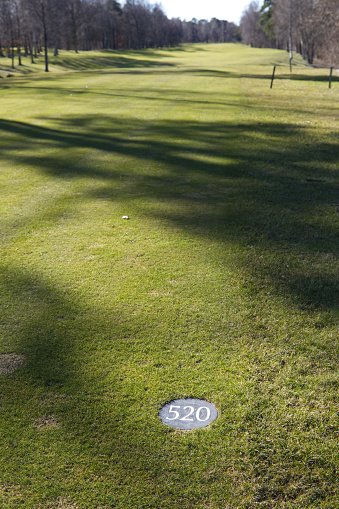 Stone marking on a green grass showing distance on a golf field. Green plain grass and value 520 on a stone.