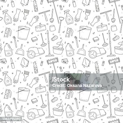 istock Hand drawn seamless pattern of cleaning equipments 1382295080