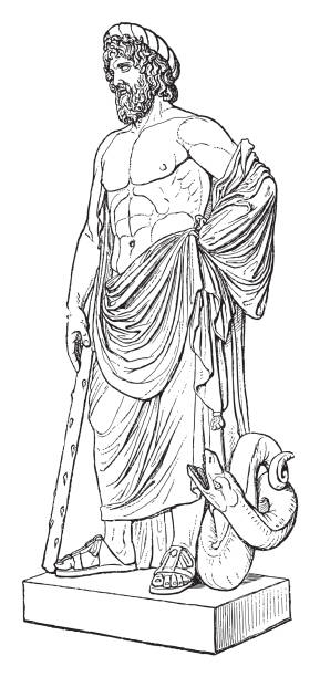 Sculpture of Asclepius - vintage engraved illustration Vintage engraved illustration isolated on white background - Sculpture of Asclepius: hero and god of medicine, healing, rejuvenation and physicians in ancient Greek religion and mythology. snake anatomy stock illustrations