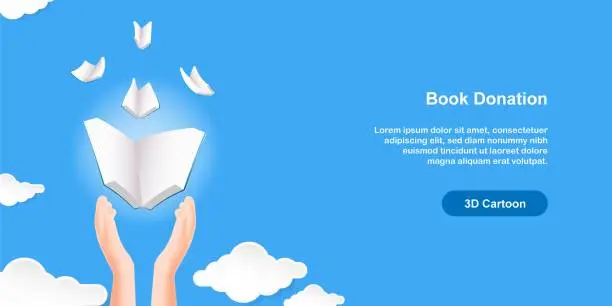 Vector illustration of Hand release book, flying above the cloud. Study abroad and book donation concept. 3D cartoon stye design illustration