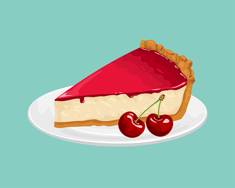 Cherry cheesecake on white plate isolated. Vector illustration of sweet berry cake in cartoon flat style. Dairy dessert.