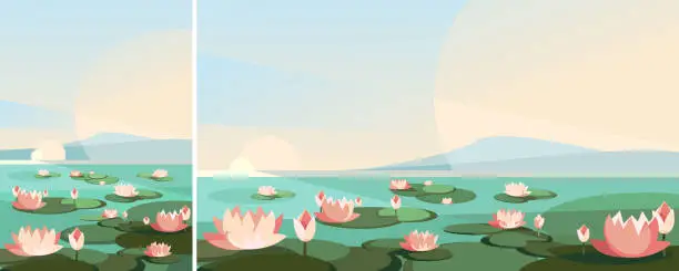 Vector illustration of Landscape with lotus flowers on the river.