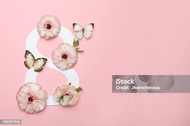 March 8th Concept Greeting Card Womens Day With Flowers On Pink Background Stock Photo - Download Image Now