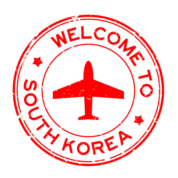 grunge red welcome to south korea wort mit flugzeug symbol runder gummisiegelstempel auf weißem hintergrund - jet rockband stock-grafiken, -clipart, -cartoons und -symbole