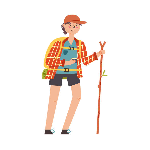 Boy hiking backpack Boy hiking backpack hiking snack stock illustrations