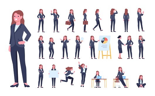 Business woman character poses. Working female clerk. Formal wear. Different office situations. Happy businesswoman walks and talks with colleague. Various activities or gestures. Vector positions set