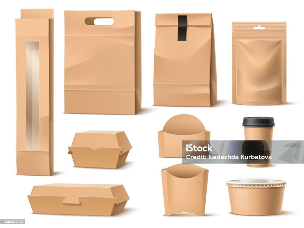 Takeaway Food Paper Packaging Realistic Fastfood Containers Delivery Pack  Blank 3d Cardboard Boxes Bags Or Cups Mockup Ziplock Sachet Meal Wrapper  Coffee Mug Vector Packages Set Stock Illustration - Download Image Now 