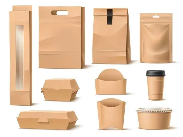 Vector illustration of Takeaway food paper packaging. Realistic fastfood containers. Delivery pack. Blank 3D cardboard boxes, bags or cups mockup. Ziplock sachet. Meal wrapper. Coffee mug. Vector packages set