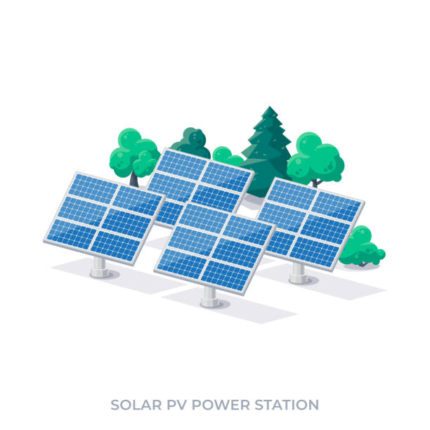 erneuerbare photovoltaik-kraftwerksanlage - photovoltaik stock-grafiken, -clipart, -cartoons und -symbole