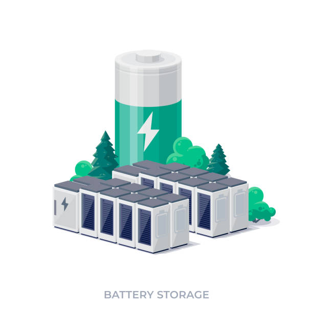 Battery energy storage Rechargeable battery energy storage stationary for renewable power plant. Isolated vector illustration on white background. battery storage stock illustrations
