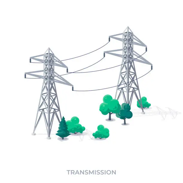 Vector illustration of High voltage electricity distribution grid pylons.