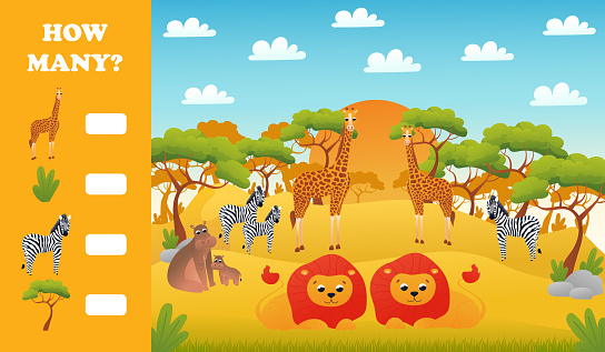 Printable Educational Worksheet For Kids With How Many Puzzle Safari Desert  Animals Wildlife With Cute Lions Stock Illustration - Download Image Now -  iStock