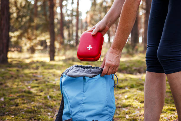 istock Woman taking out first aid kit from backpack 1382332816