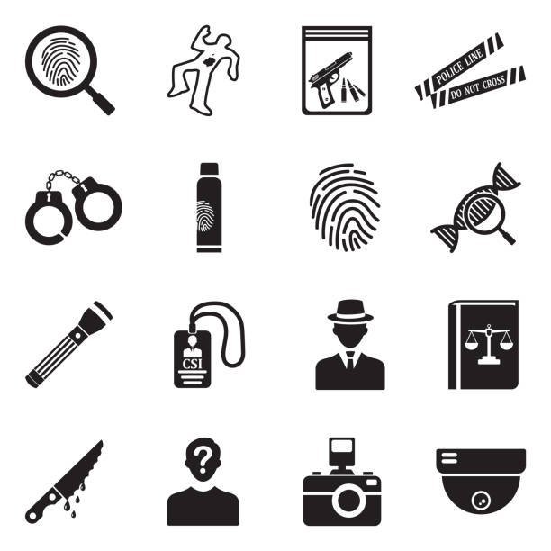 ilustrações de stock, clip art, desenhos animados e ícones de crime investigation icons. black flat design. vector illustration. - killing